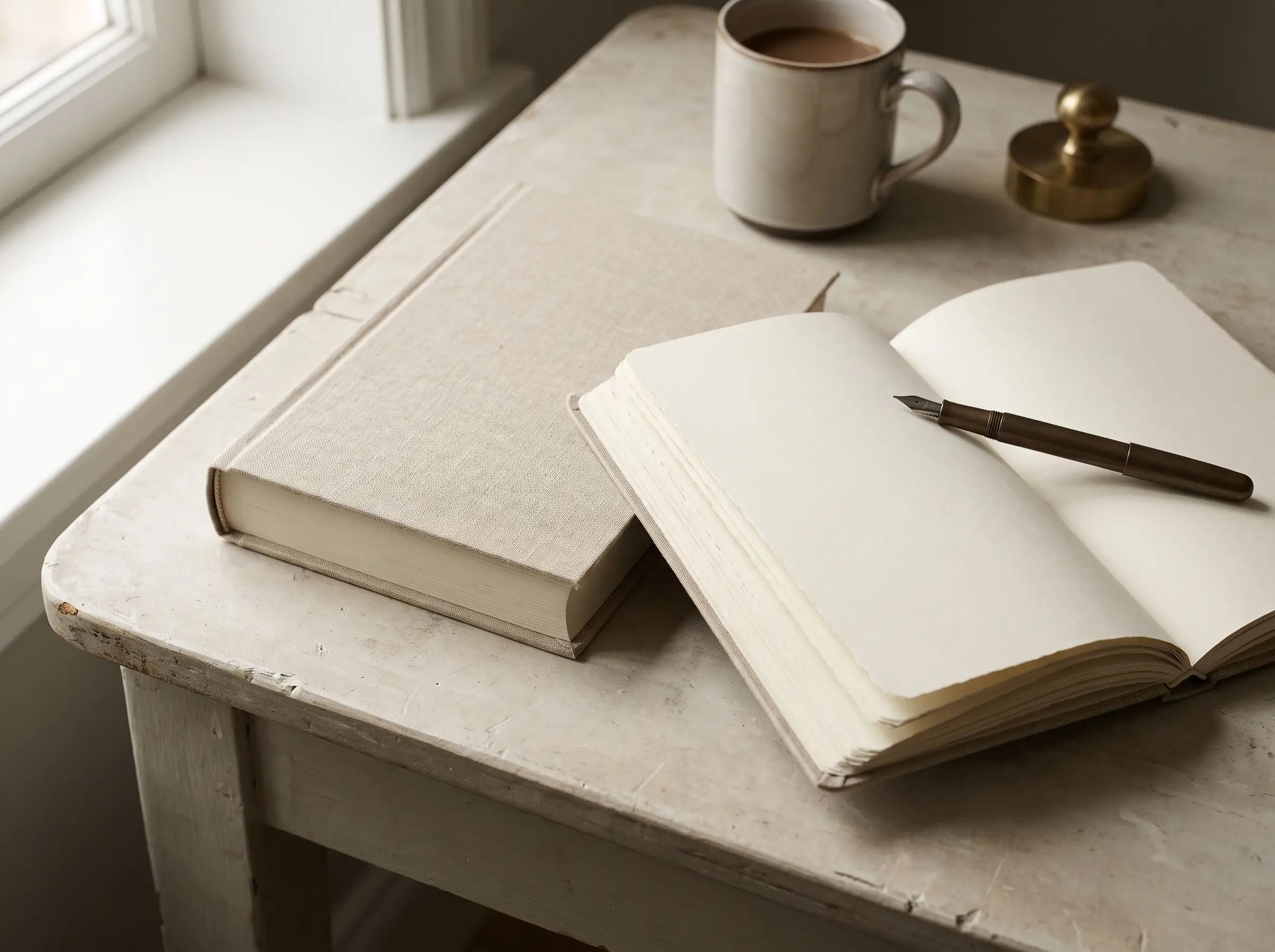 A linen-bound book and open notebook with a fountain pen on a sunlit writing desk