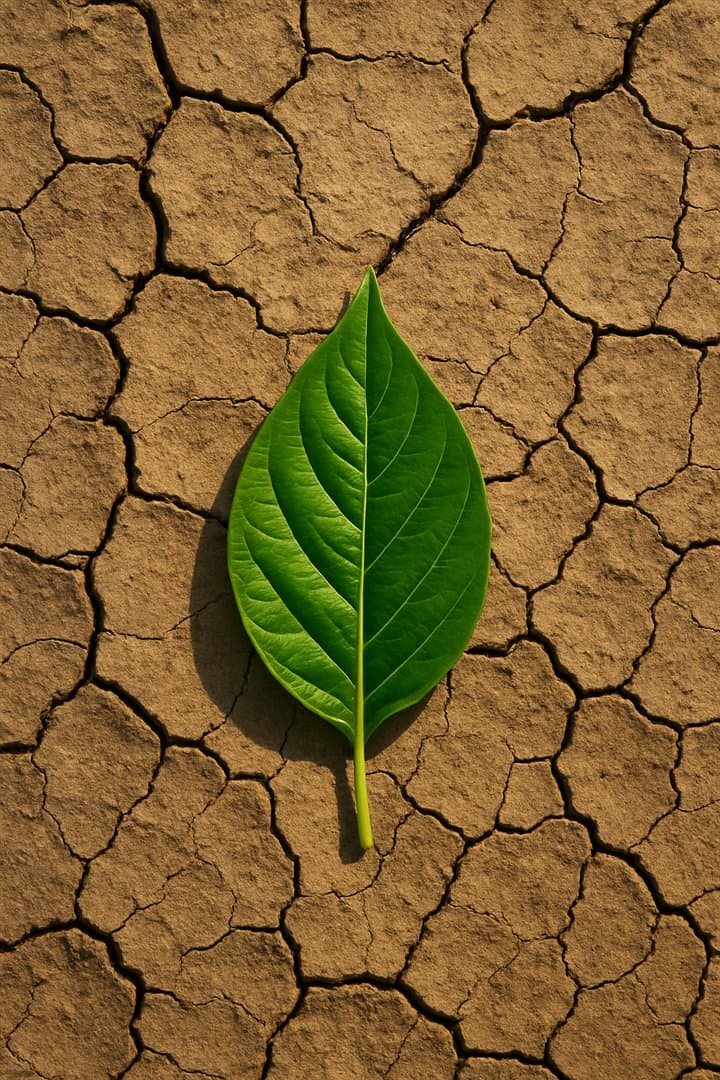 Mockup of the book 'Streams in the Desert Season' wearing generated cover art: a vivid green leaf resting on cracked desert earth