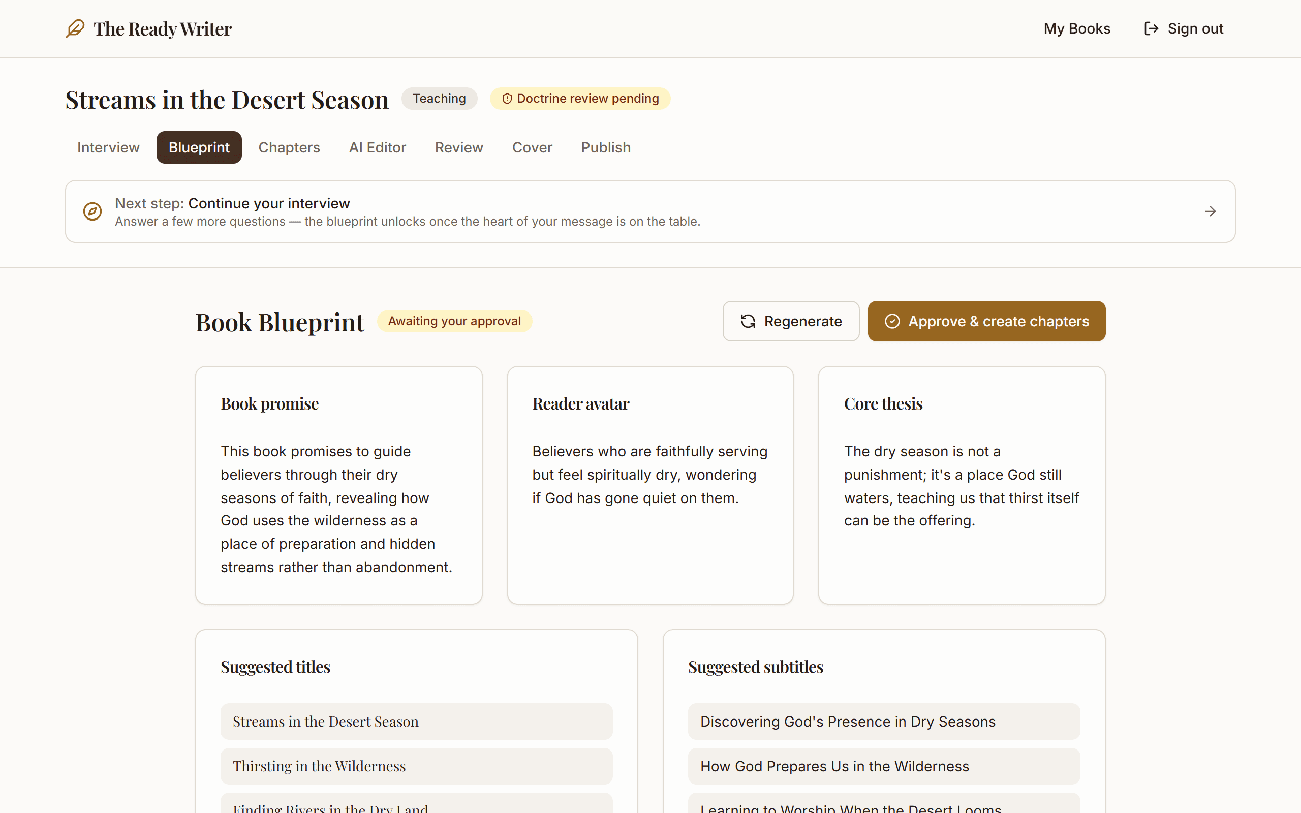 A generated book blueprint showing the book promise, reader avatar, core thesis, and suggested titles, awaiting the author's approval