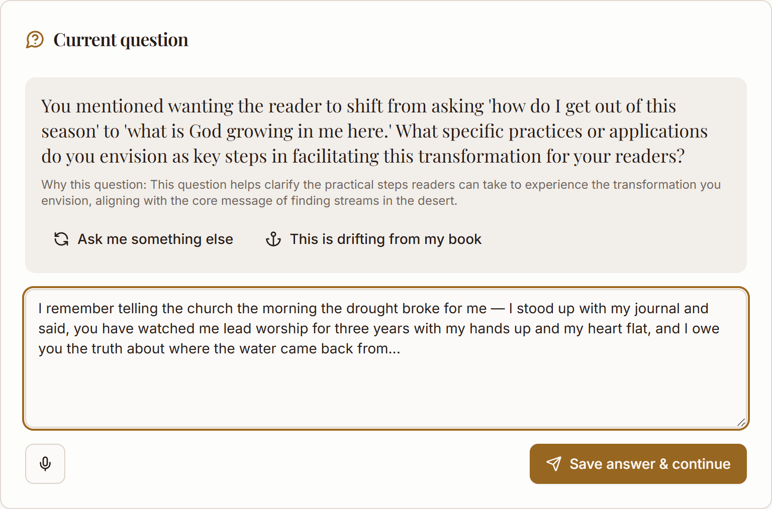 The interview question card: a follow-up question that builds on the author's previous answer, with a mic button and a dictated answer in progress